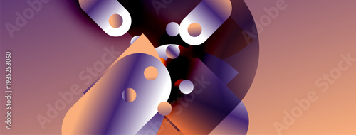 Abstract composition featuring overlapping shapes, gradients. Purple, orange hues dominate design. Modern, dynamic visual experience.