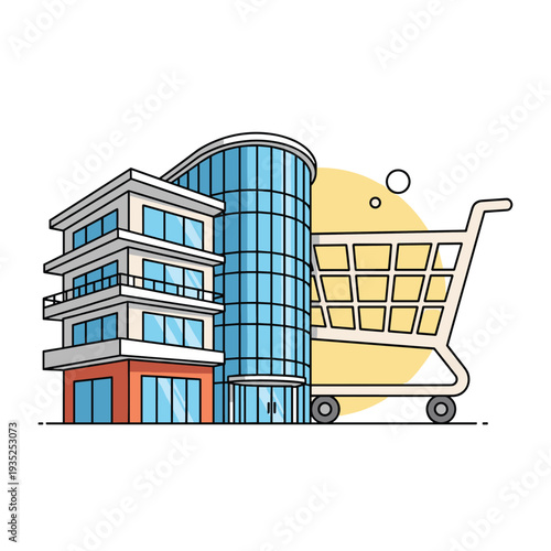 Modern shopping mall architecture features a large store building accompanied by a giant shopping cart symbol for retail business.
