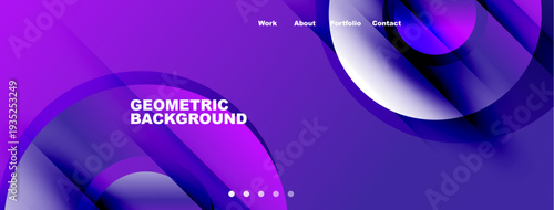 Abstract purple design features flowing shapes, text elements, navigation bar. Modern aesthetic suitable for website header or banner.