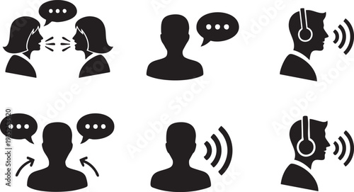 Black silhouettes of people talking and communicating with speech bubbles and sound waves on white background