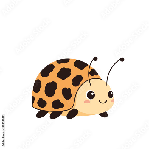Cute cartoon ladybug with an orange shell and dark brown spots smiles cheerfully in a simple and friendly animal illustration for kids.