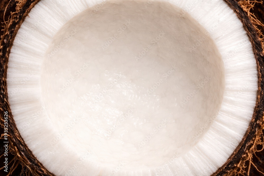 Fototapeta premium Macro Texture of Fresh Coconut Meat. A crisp close-up shot of a halved coconut, highlighting the thick, snowy white edible meat and the fibrous brown.