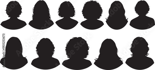 Black silhouettes of people with different hairstyles white background