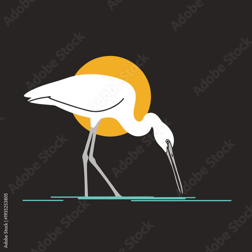 Graceful white egret or heron stands in the shallow water with its long beak dipped down during a sunset with a large orange sun.