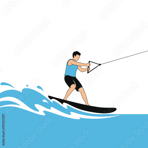 Active man wakeboarding on a bright blue wave while holding a tow rope during a summer water sports activity session.