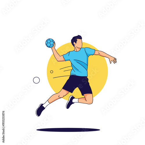 Professional handball player jumping in the air to make a powerful shot with a blue ball during an intense match.