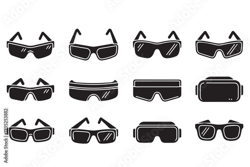 Futuristic Eyewear and VR Headset Icon Set: Modern Goggles and Smart Glasses