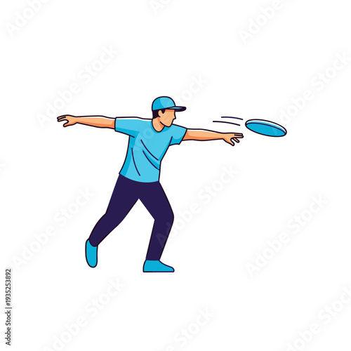 Young man in a blue shirt and cap throwing a flying disc in an athletic pose against a white background illustration.