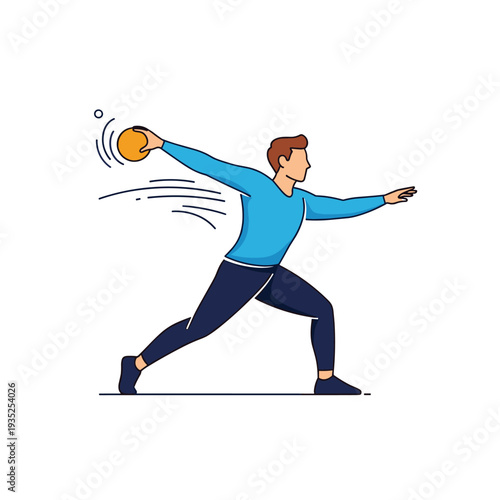 Athlete in a dynamic pose throwing a heavy golden ball during a track and field or team sport competition event.
