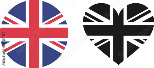 United kingdom flag icons circle and heart shape vector symbol