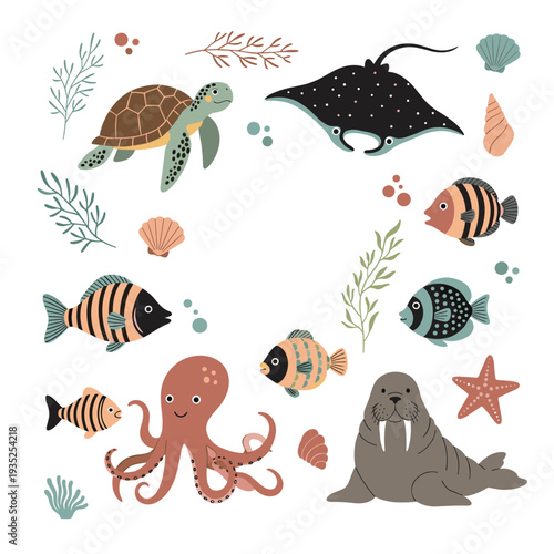 Comprehensive collection of hand-drawn sea creatures including a turtle, stingray, octopus, walrus, and colorful fish.