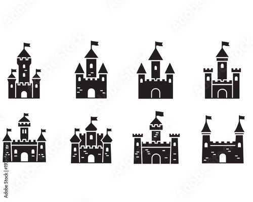 Medieval Castle Icon Set - Black Glyph Fort and Fortress Silhouette Vector