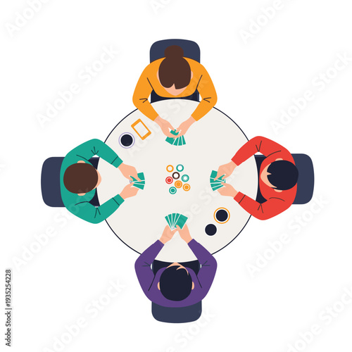 Top-down illustration of four people sitting around a circular table playing an engaging card game with drinks and chips.
