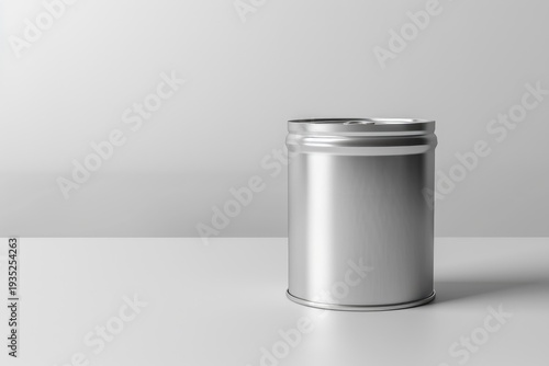 Unopened short metal tin can with lid resting on white surface