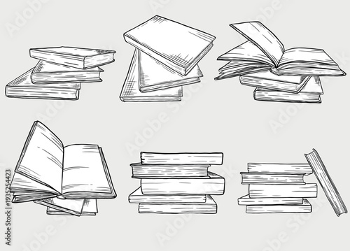 Illustration of multiple stacks of sketchbooks with detailed line drawings on a plain white background, showing various positions and orientations of stacked books.