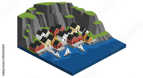 An isometric illustration of a quaint village with colorful houses nestled by a deep blue fjord and a rocky mountain backdrop, showcasing serene coastal living.