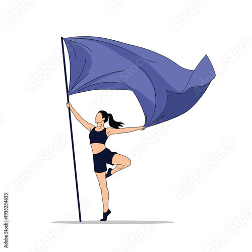 Athletic woman in sports gear performing a dynamic dance or rhythmic gymnastics move while waving a large blue flag.