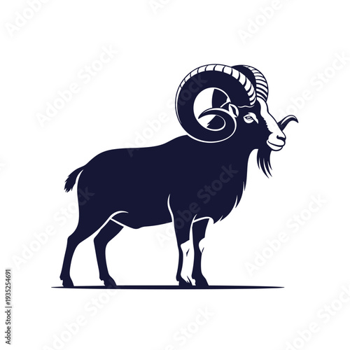 Majestic mountain ram with large and powerful curved horns stands in a stoic pose in this clean vector silhouette graphic on white background.