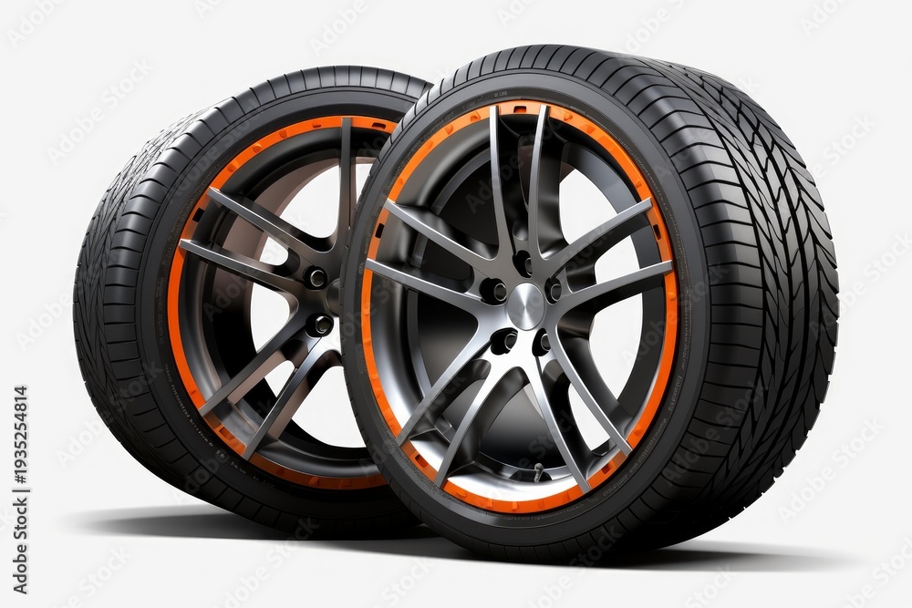 Obraz premium Car tires showcasing dynamic tread patterns and custom orange alloy wheels on a white background