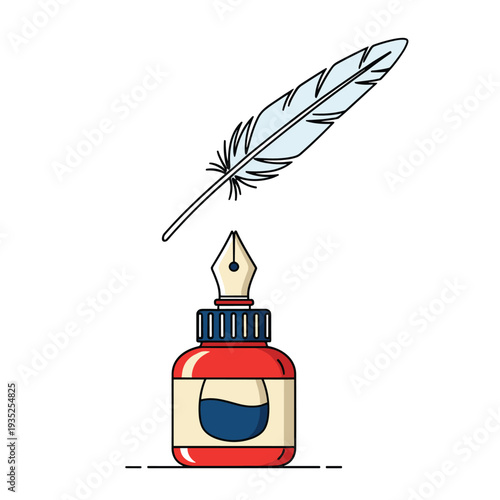 Antique quill feather pen sits above a red inkwell bottle filled with blue ink ready for traditional calligraphy or old fashioned writing.