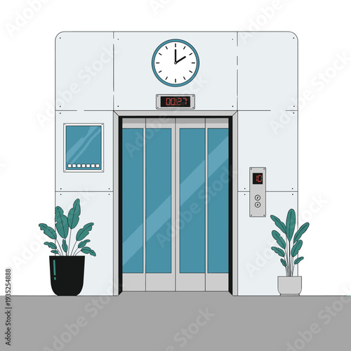 Modern elevator entrance features sleek glass doors and a digital floor indicator with decorative green plants on each side of the doorway.