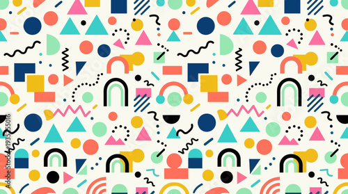 Colorful Abstract Memphis Style Geometric Pattern Design with Retro Shapes and Fun, Playful Elements on a White Background
