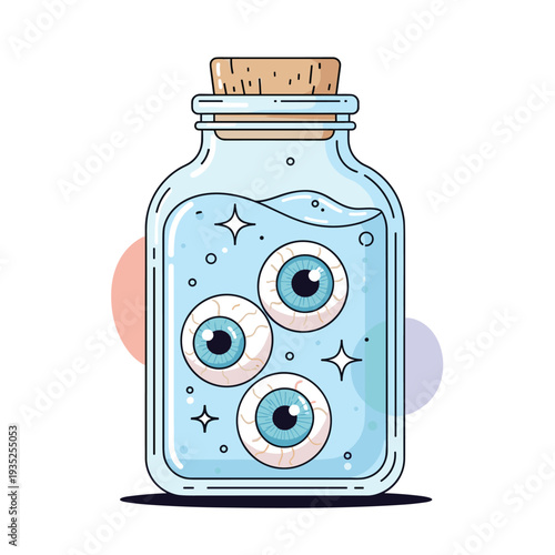 Spooky glass jar filled with light blue liquid contains three realistic floating eyeballs for a creepy and macabre Halloween themed display.