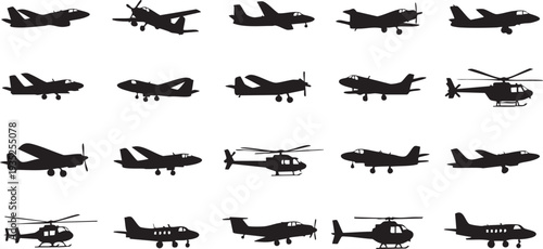 Black silhouettes of various airplanes and helicopters on white background 3
