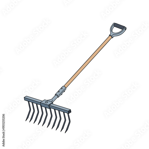 Traditional metal garden rake with a long wooden handle and sturdy pointed tines shown at a perspective angle on a plain white background.