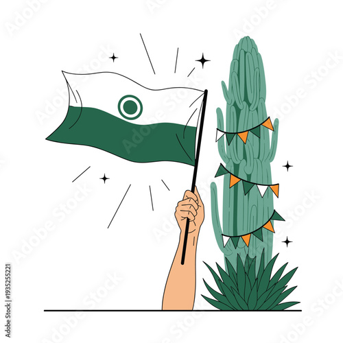 Hand proudly holds a green and white flag next to a tall saguaro cactus decorated with colorful festive pennants for a Mexican celebration.