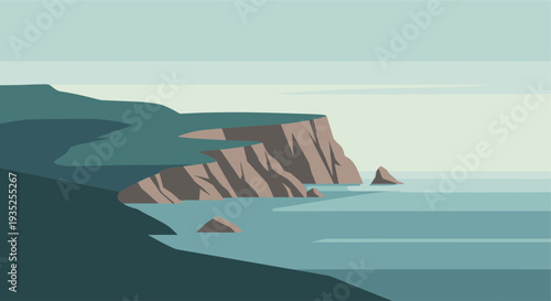 Serene coastal landscape featuring cliffs and a calm ocean in a minimalist, vector illustration style with muted blues, greens, and browns, evoking tranquility and natural beauty.