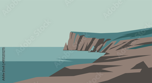 An illustration depicts a cliffside by the ocean under a light blue sky, showcasing a peaceful, minimalist aesthetic suitable for travel or environmental content.