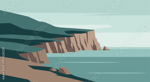 A vector illustration depicts a peaceful coastline with cliffs meeting the sea, rendered in muted green, brown, and blue tones, evoking tranquility and perfect for travel or nature themes.