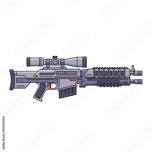 Tactical military sniper rifle with a long grey barrel and precision scope shown in a detailed vector style against a clean white background.