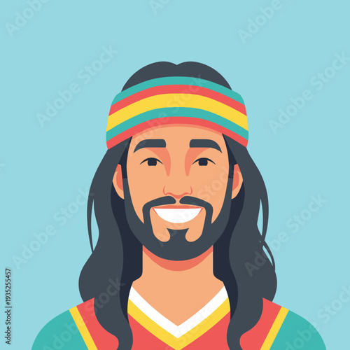 Smiling man with long dark hair and beard wearing a vibrant colorful headband in a flat portrait illustration style.