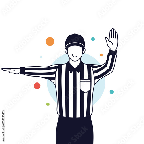 Professional referee in a black and white striped uniform making hand signals during a sports game flat vector illustration.
