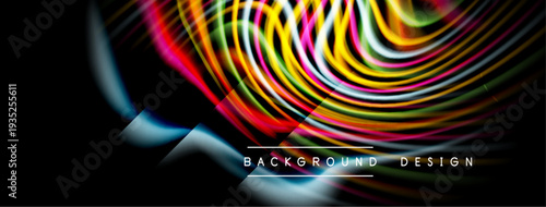 Abstract colorful lines create dynamic wave pattern. Modern design elements enhance visual impact. Black background emphasizes vibrant hues.