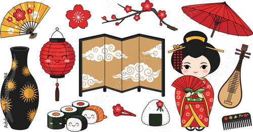 PrintJapanese Culture Cartoon Illustration Set with Geisha, Sushi, Lantern, Sakura Branch, Umbrella and Traditional Japan Elements