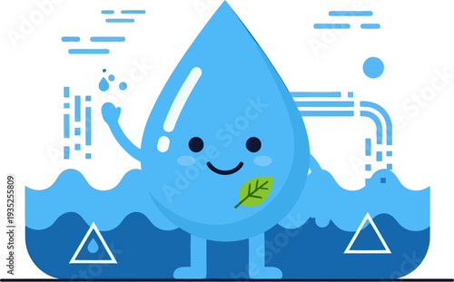 Cute cartoon water drop character with a friendly smile, cheerfully advocating for clean water and vital environmental conservation amidst fresh blue waves, featuring a green leaf symbol