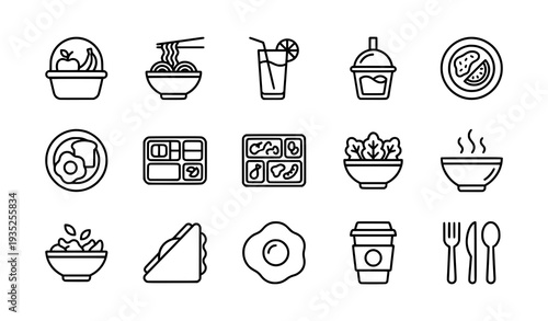 Meal and Healthy Food Line Icon Set with Fruit Basket Noodles and Smoothie Outline Vector Collection