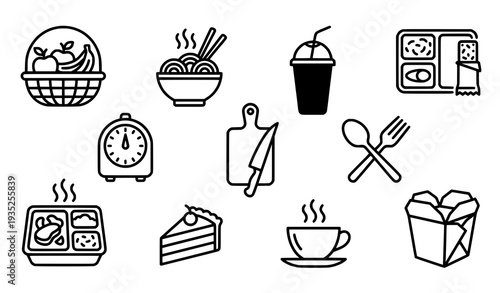 Food and Meal Preparation Simple Line Icons Collection with Smoothies and Noodles for Design