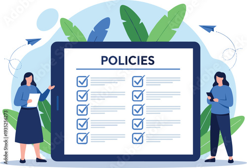 Company policies document on digital tablet screen with business women characters checking rules regulations and compliance list vector illustration