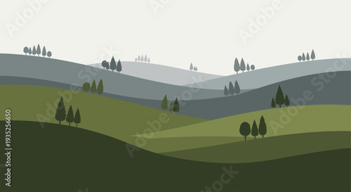 Minimalist vector landscape illustration showcasing rolling green and grey hills dotted with stylized trees; a serene and peaceful nature scene suitable for backgrounds or design elements.
