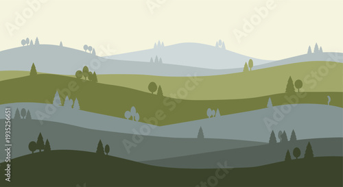 A scenic illustration showcasing rolling hills and trees in varying shades of green and blue, creating a tranquil, layered landscape ideal for backgrounds and designs.