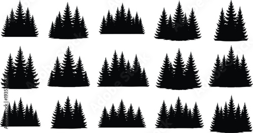 Evergreen pine tree forest silhouettes collection isolated on white background natural woodland landscape vector illustration design bundle set