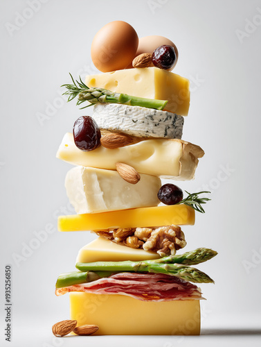 Gourmet cheese stack with eggs, asparagus, prosciutto, nuts and olives isolated on white background.
