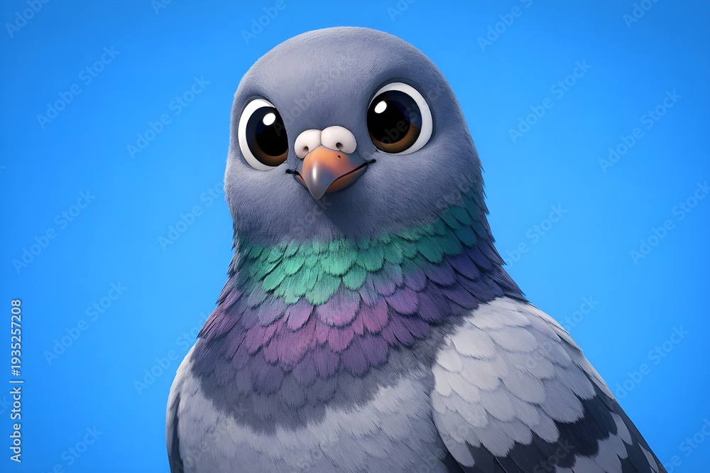 Fototapeta premium Ultra-Cute 3D Pigeon Character with Glossy Big Eyes, Realistic Feather Texture, and Minimal Sky-Blue Background