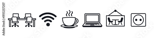 Icons representing remote work, coffee, and connectivity for modern professionals