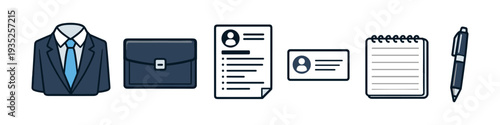 Business professional icons including suit, briefcase, resume, business card, notebook, and pen