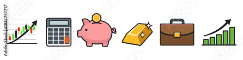 Financial growth and investment icons including stock chart, calculator, piggy bank, gold, and briefcase